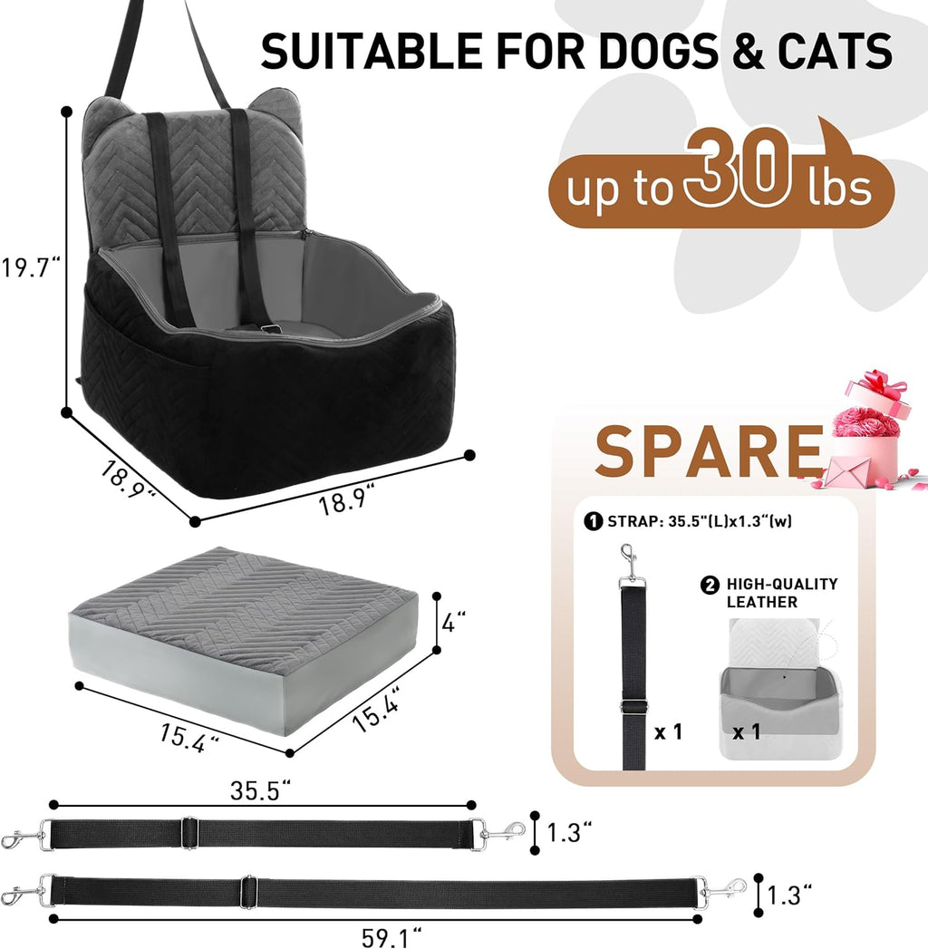 Dog Car Seat Booster with Waterproof Cover, Memory Foam, Small/Medium Dog Bed for Car Back Seat for Travel, Black/Grey, 2 Safety Belt