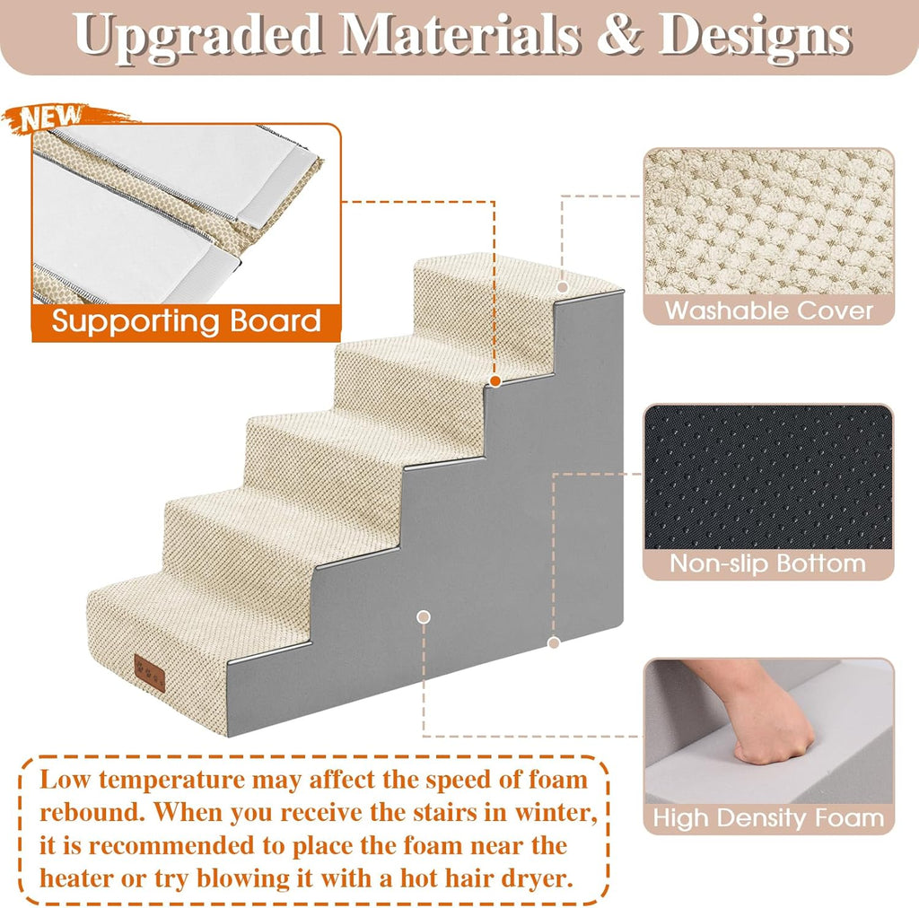 GGIB Dog Stairs for Small Dogs Pet Stairs for Sofa Couch Dog Ramp Pet Steps with Removable Washable Cover, Beige, 22" H, 5-Step