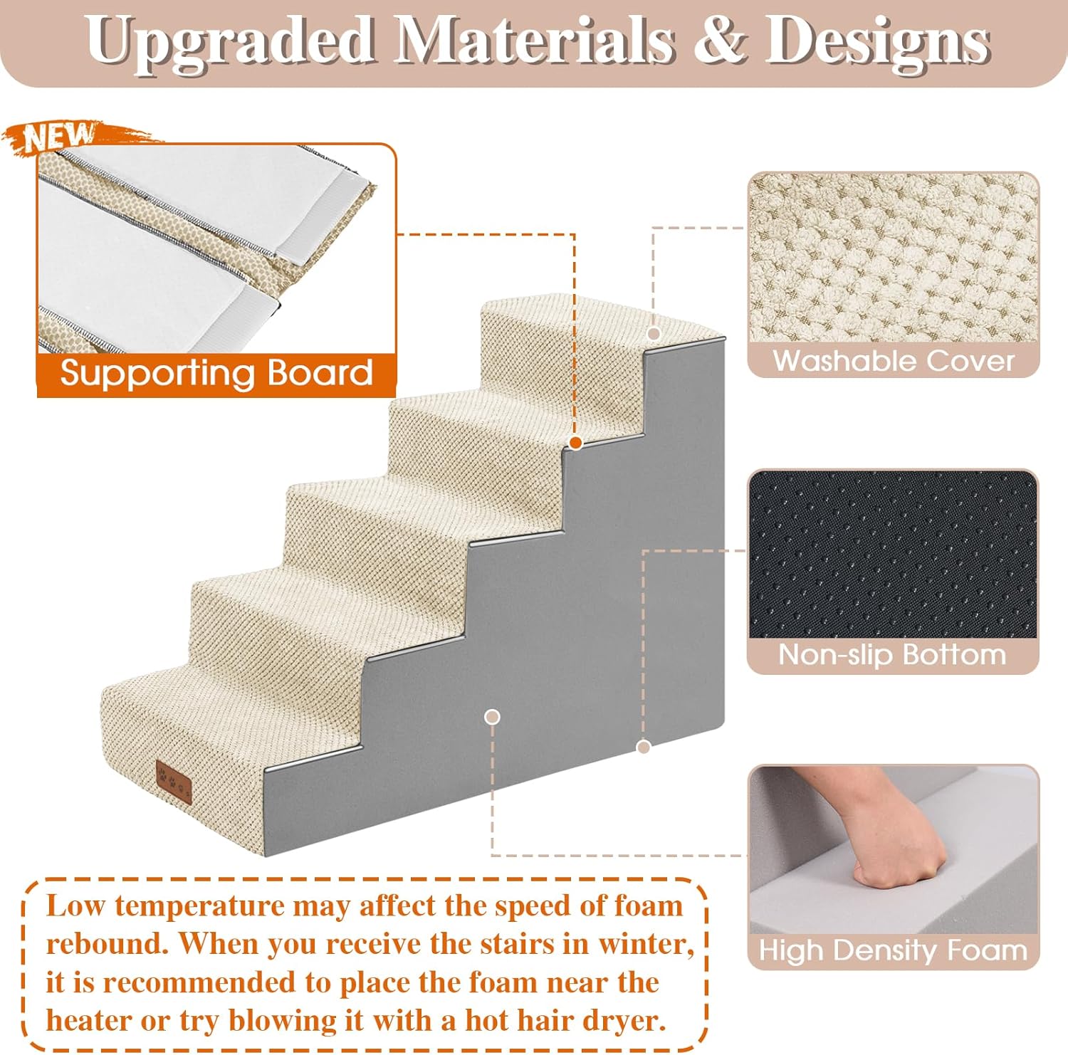 GGIB Dog Stairs for Small Dogs Pet Stairs for Sofa Couch Dog Ramp Pet Steps with Removable Washable Cover, Beige, 22" H, 5-Step