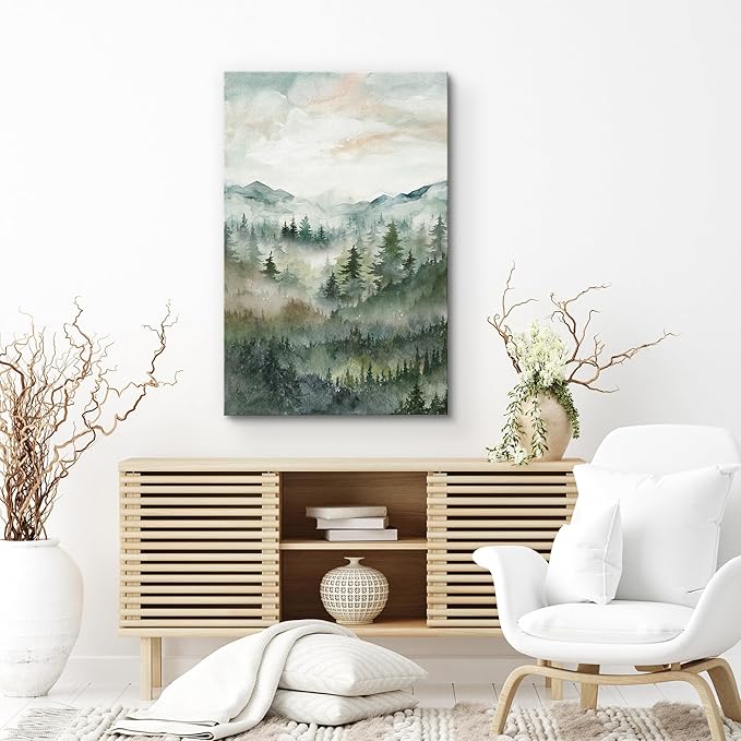 SIGNWIN Canvas Print Wall Art Misty Forest Landscape Watercolor Serene Mountain Pine Trees in Fog Illustrations Modern Art Decorative Landscape for Living Room, Bedroom, Office - 12"x18"