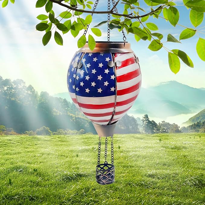 Glass Solar Hot Air Balloon Lantern with Flame Hanging Garden Flickering Light Outdoor Waterproof for Yard Patio Tree 4th of July Decorations, Flag