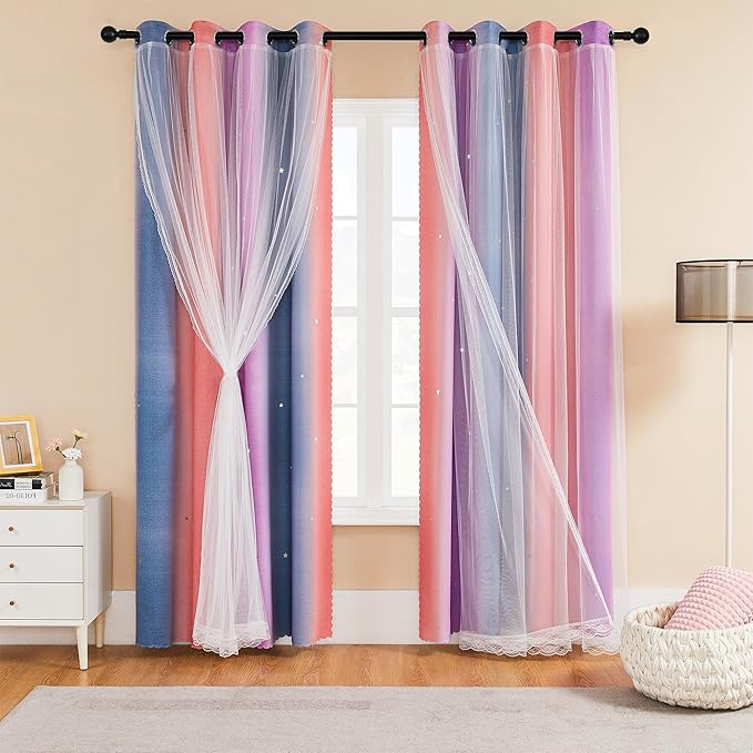 XiDi Rainbow Blackout Curtains 96 Inches Long for Girls Bedroom 2 Panels Set, Kids Pink Curtains for Room Decor Unicorn Wall Decals Drapes for Little Girl Nursery Grey/Pink/Purple 34 Inches Wide