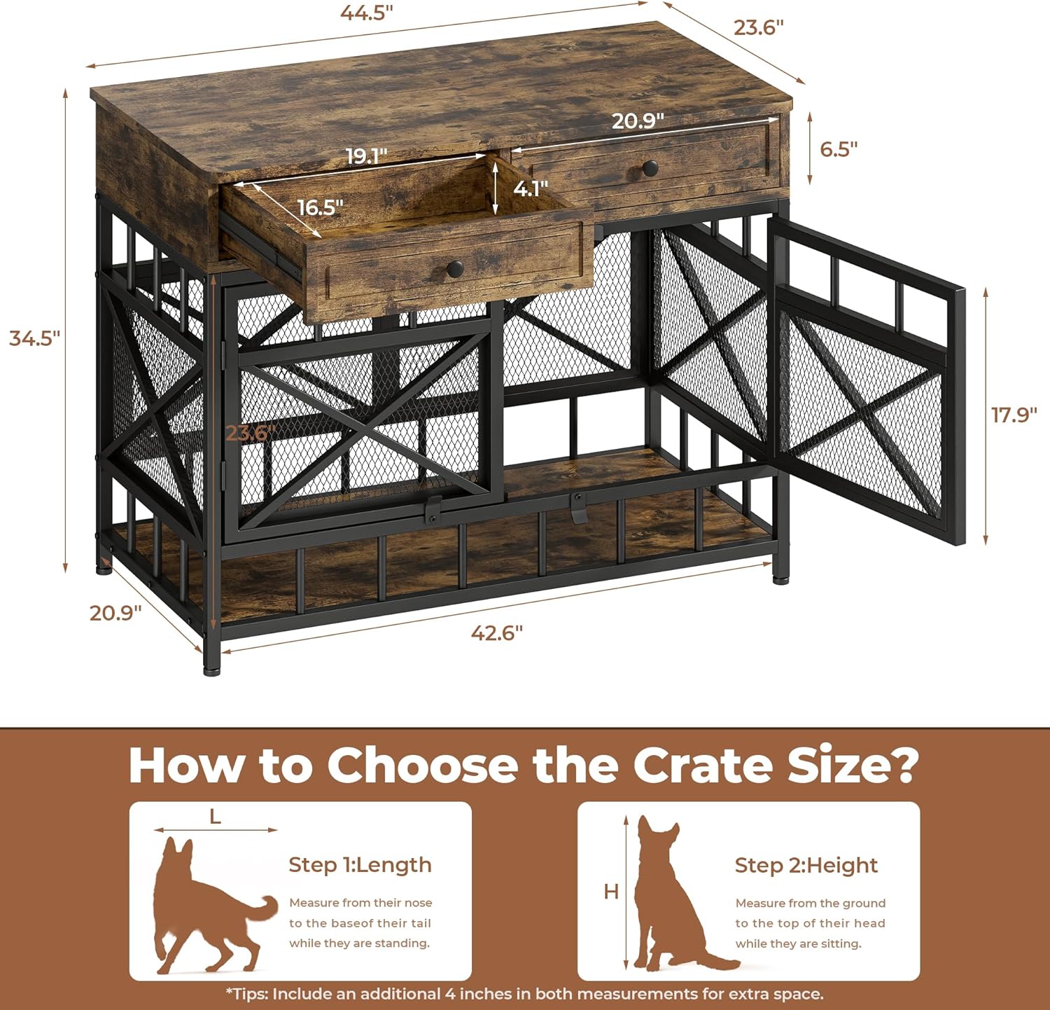IRONCK 44 inch Large Dog Crate Furniture, Wooden Dog Kennel with Storage Drawers for Medium/Large Dogs, Decorative Dogs Kennel Indoor, Rustic Brown