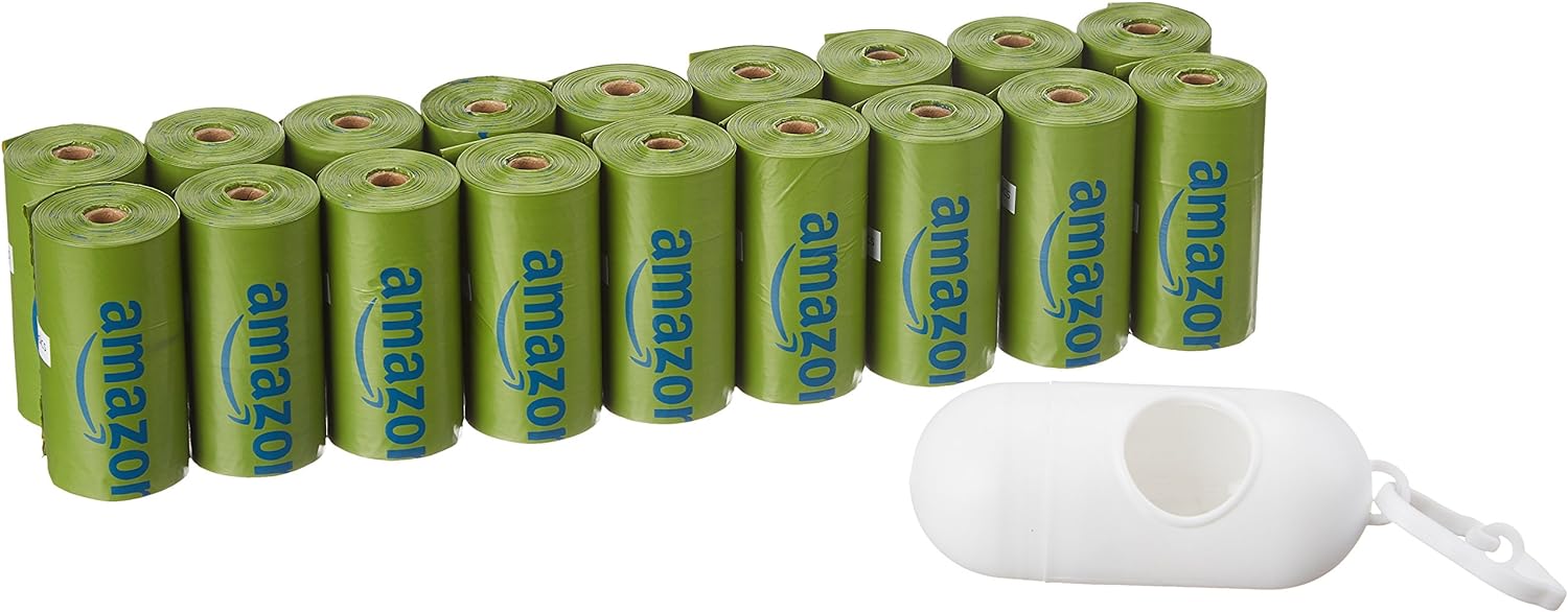 Amazon Basics Dog Poop Bags with Dispenser, 270 Count, Enhanced for Guaranteed Leakproof, Talcum Powder Scented, Includes Leash Clip