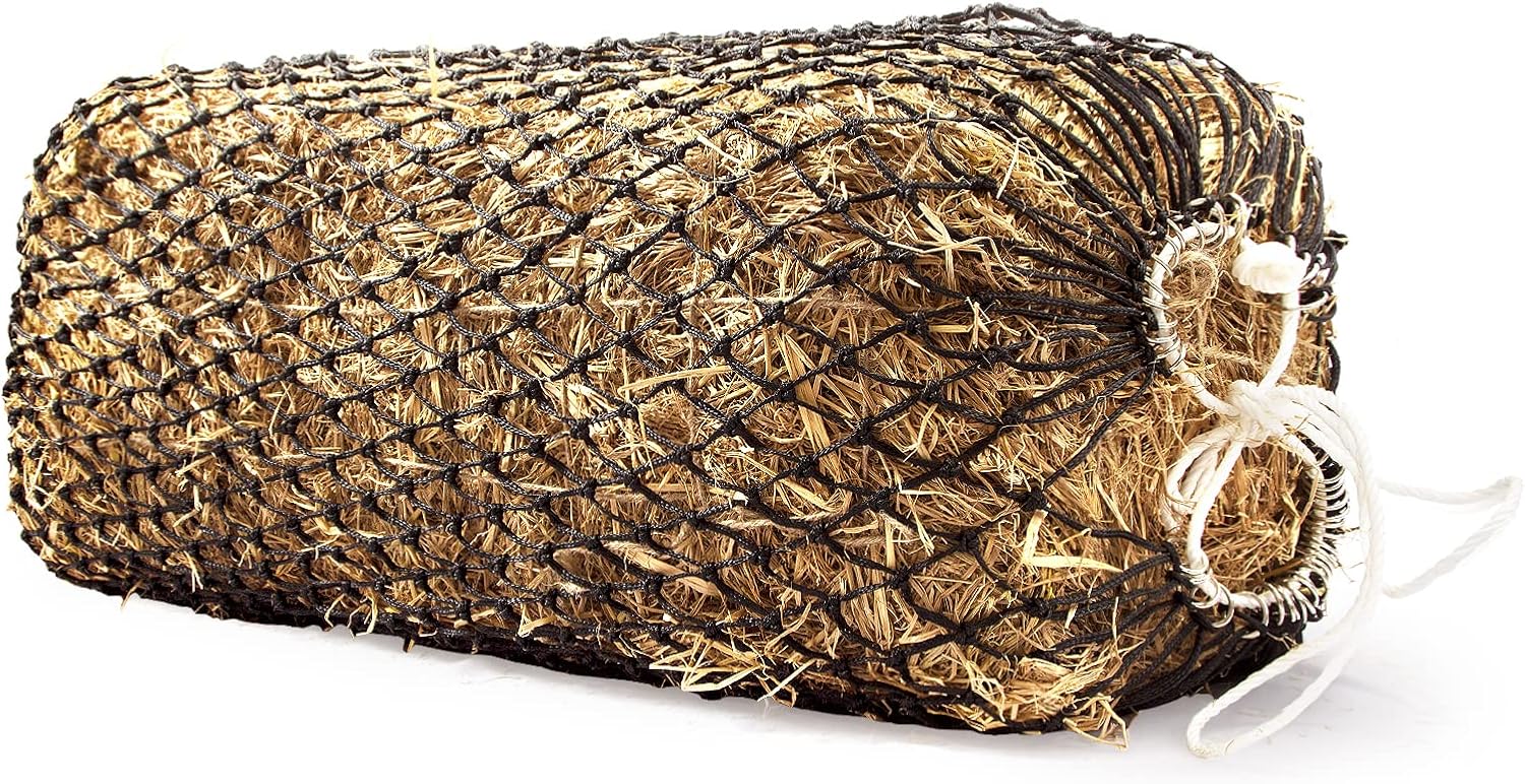Bloomoak Slow Hay Net Feeder for Horses, Durable Soft Black PE 2/3 String Hay Bales Bags, Fit 36x18x18 to 47x25x17 Inches, Extends 50-64 Inches (2 1.6" Hole/1PC)