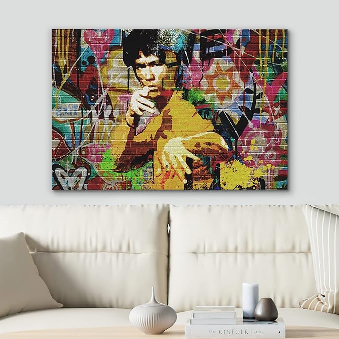 SIGNWIN Canvas Print Wall Art Kung-Fu Martial Artist Graffiti Street Art Portrait Celebrities Hollywood Cultural Pop Art Decorative Urban for Living Room, Bedroom, Office - 32x48 inches