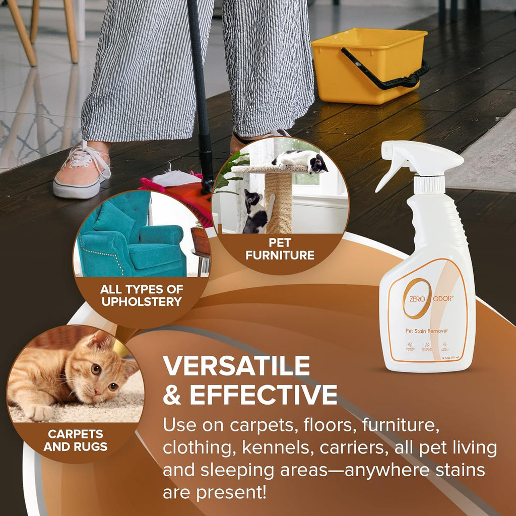 Zero Odor - Pet Stain Remover & Odor Eliminator - Permanently Remove Stain & Odor with Patented Technology Best for Carpet, Furniture, Floors, Pet Bed– Look and Smell Great, 16oz (Over 400 Sprays)
