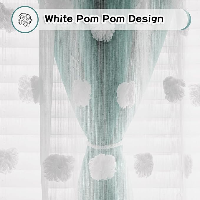 MYSKY HOME Room Darkening Curtains White Sheer Pom Pom Curtains for Living Room Teal Blackout Curtains for Sliding Door Decor Drapes Double Layer Window Panels Boys Bedroom Grommet Set of 2 W52 X L95