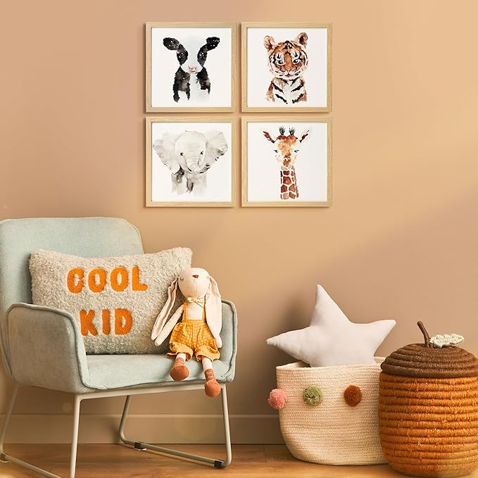 ArtbyHannah Framed Safari Nursery Wall Decor, 10x10 inch Cute Baby Wall Art Room Decor for Kids, Jungle Animals Prints for Playroom Bedroom Decorations 4 Pack (Elephant, Giraffe, Tiger and Cow)