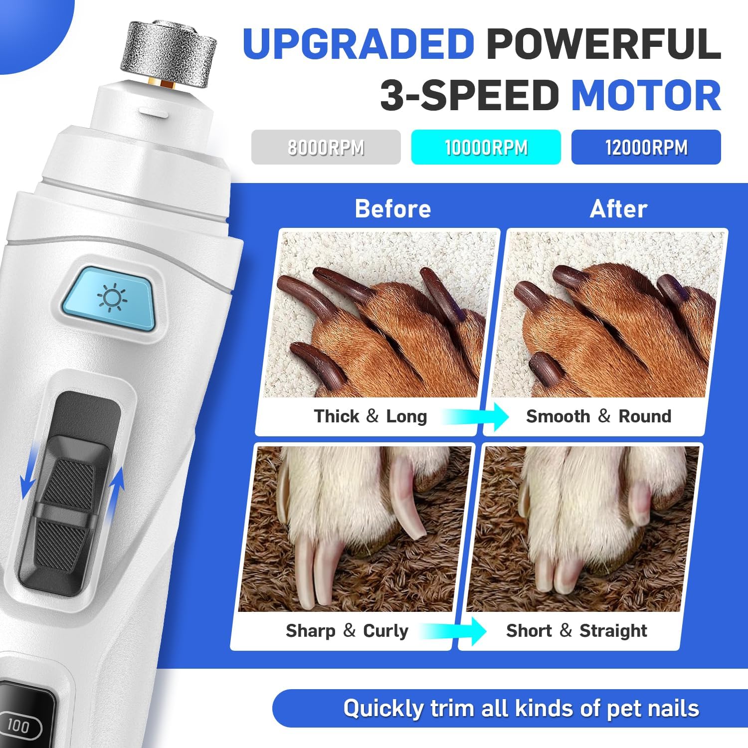 Dog Nail Grinder & Clipper 2-in-1 Set - 25dB Ultra Quiet with 3 Grinding Wheels & 2 LED Lights, Rechargeable for Large/Puppy Dogs & Cats, 3-Speed Adjustable for Anxious Pets
