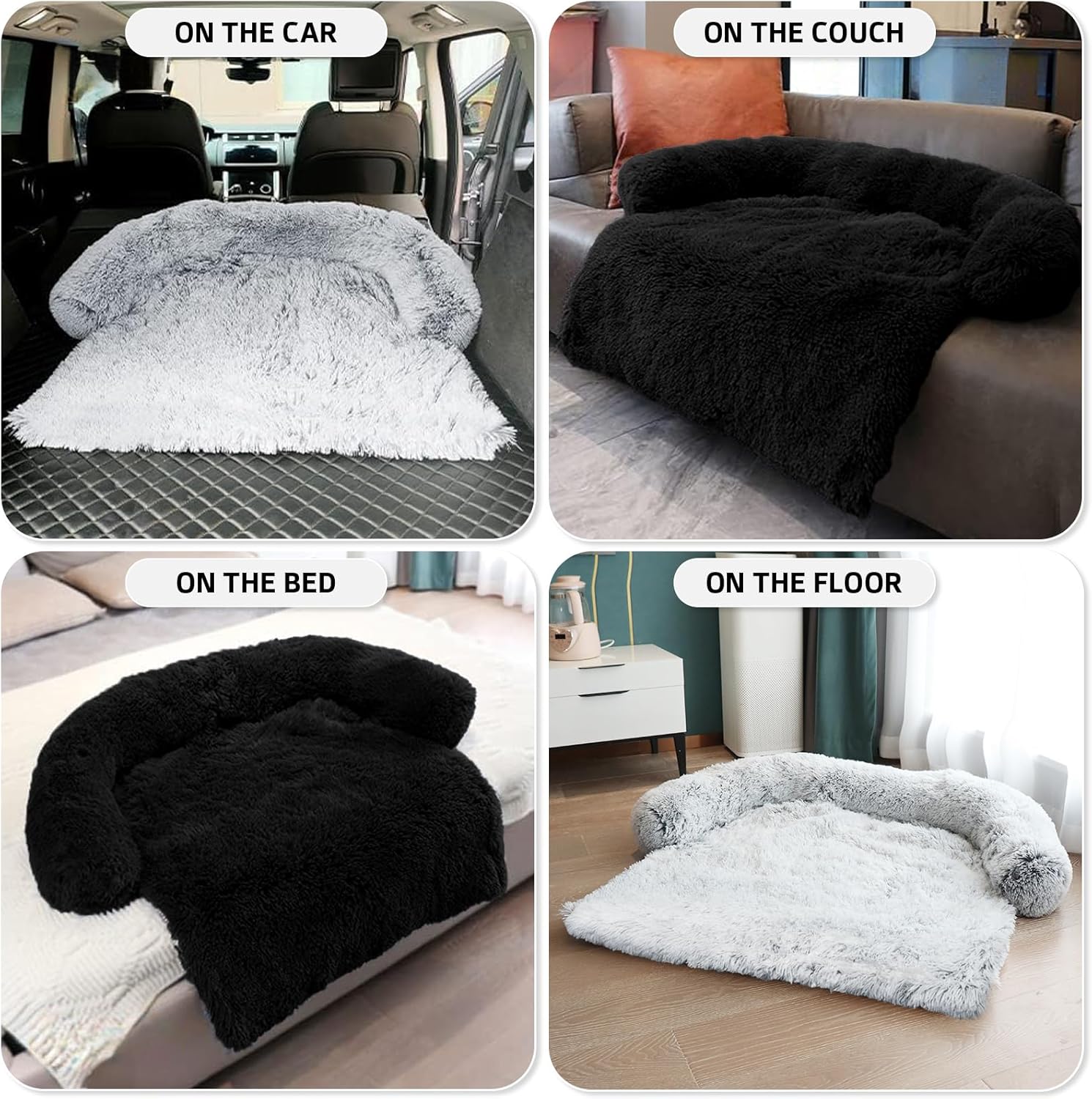 GGIB Calming Dog Bed Fluffy Plush Dog Mat for Furniture Protector with Removable Washable Cover for Large Medium Small Dogs and Cats (Medium, Black)