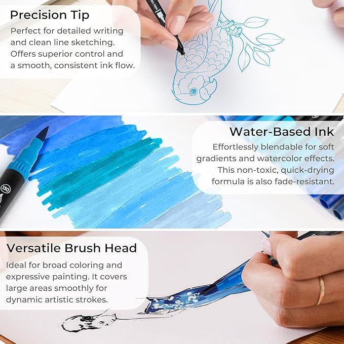 Blue Duo Tip Marker Pens, 12 Pack Fine & Brush Markers for Adult Coloring Books No Bleeding, Ocean Blue Markers for Sky & Sea Landscapes, Water Effects, Calming Mandalas and Journaling