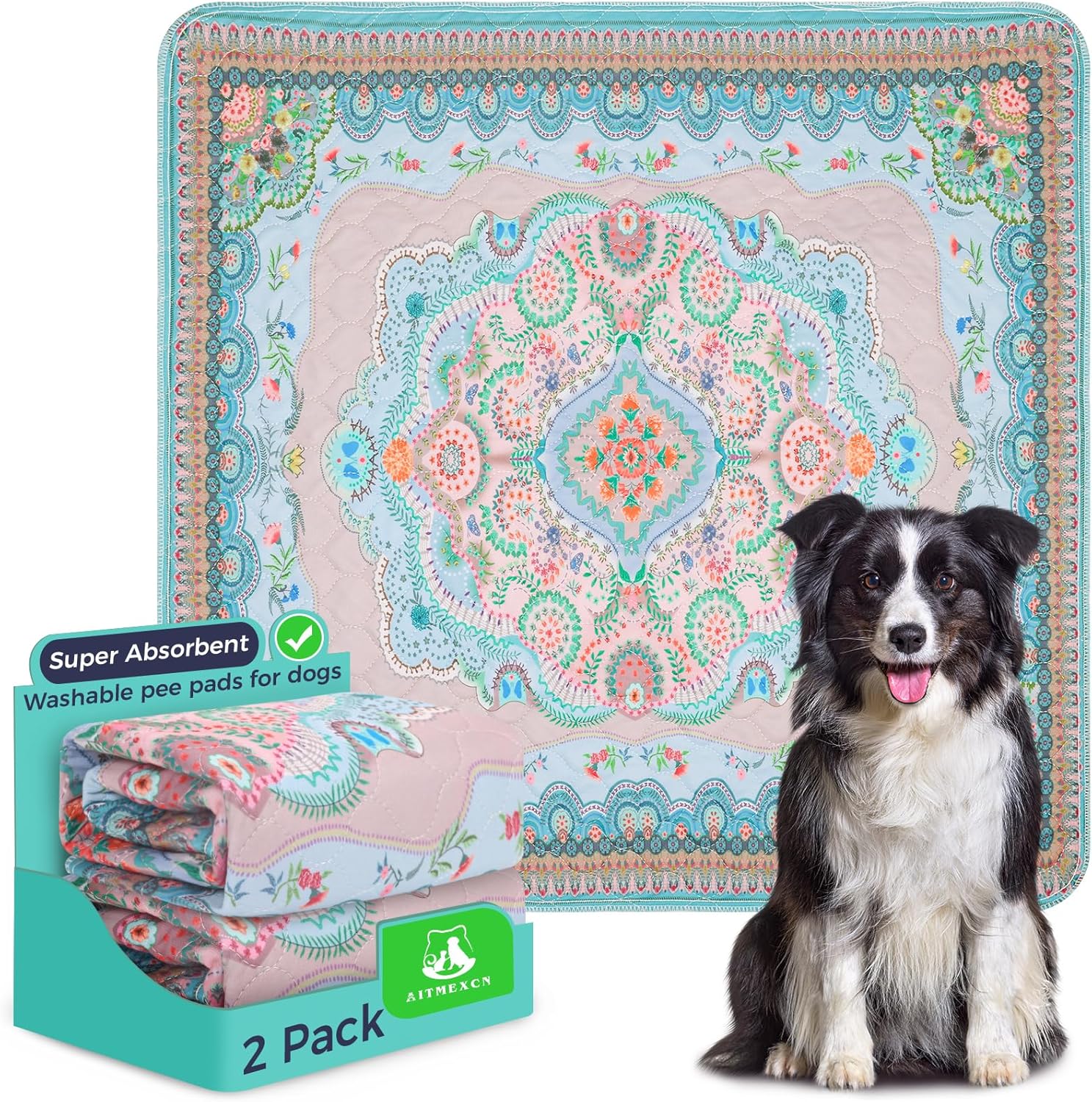 Aitmexcn Washable Pee Pads for Dogs, 2Pack Super Absorbent Reusable Puppy Pads ,100% Waterproof, Leak-Proof Whelping Pads Non-Slip Dog Mats for Floor Protector,Couch Cover, Crate, Potty Training 41x41