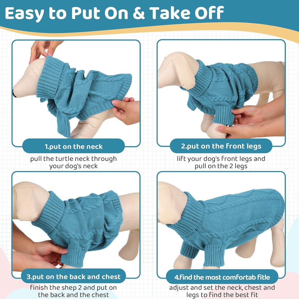 Queenmore Small Dog Pullover Sweater, Cold Weather Cable Knitwear, Classic Turtleneck Thick Warm Clothes for Chihuahua, Bulldog, Dachshund, Pug (Peacock Blue, Large)