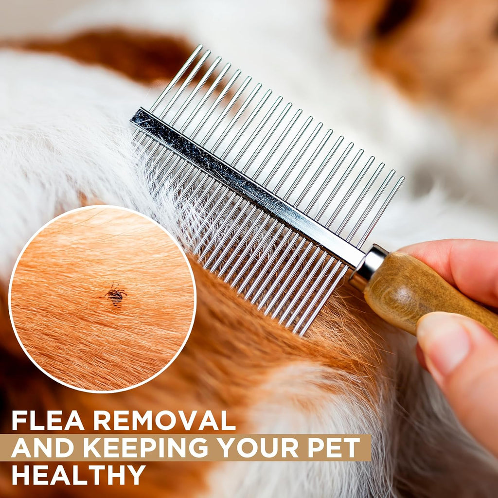Takavu Double-Sided Metal Pet Comb for Dogs & Cats - Stainless Steel Teeth for Detangling, Removing Loose Hair & Flea Check - Grooming Tool