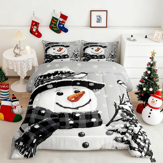 Feelyou Kids Christmas Theme Decorations Bedding Set Xmas Snowman Comforter Set for Boys Girls Snowflake Kawaii Cute Grey Bedroom Collection Twin Size