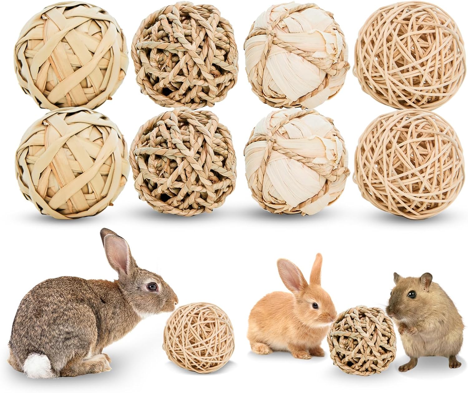 8 Pack Small Pet Chew Toys - 7cm Natural Woven Balls for Rabbits, Guinea Pigs, Hamsters (2 Seagrass, 2 Rattan, 2 Corn Husk, 2 Seaweed Rope) - Safe Dental Grinding Toys