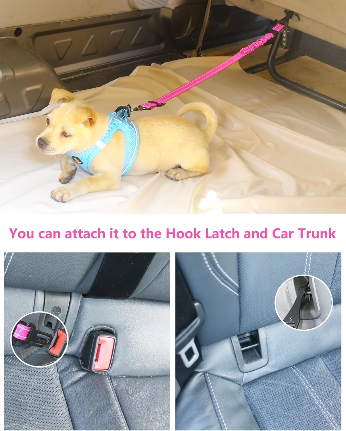 AUBELL Dog Seat Belt for Car,Updated 3-in-1 Adjustable Reflective Bungee Heavy Duty Dog Car Harness Tether with Clip Hook Latch & Buckle,Swivel Zinc Alloy Carabiner,Hotpink