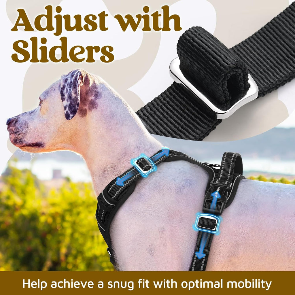 rabbitgoo Dog Harness for Large Dogs, No Pull Pet Vest with 3 Buckles, Adjustable Soft Padded Pet Harness with Easy Control Handle and Reflective Strips, Black, L