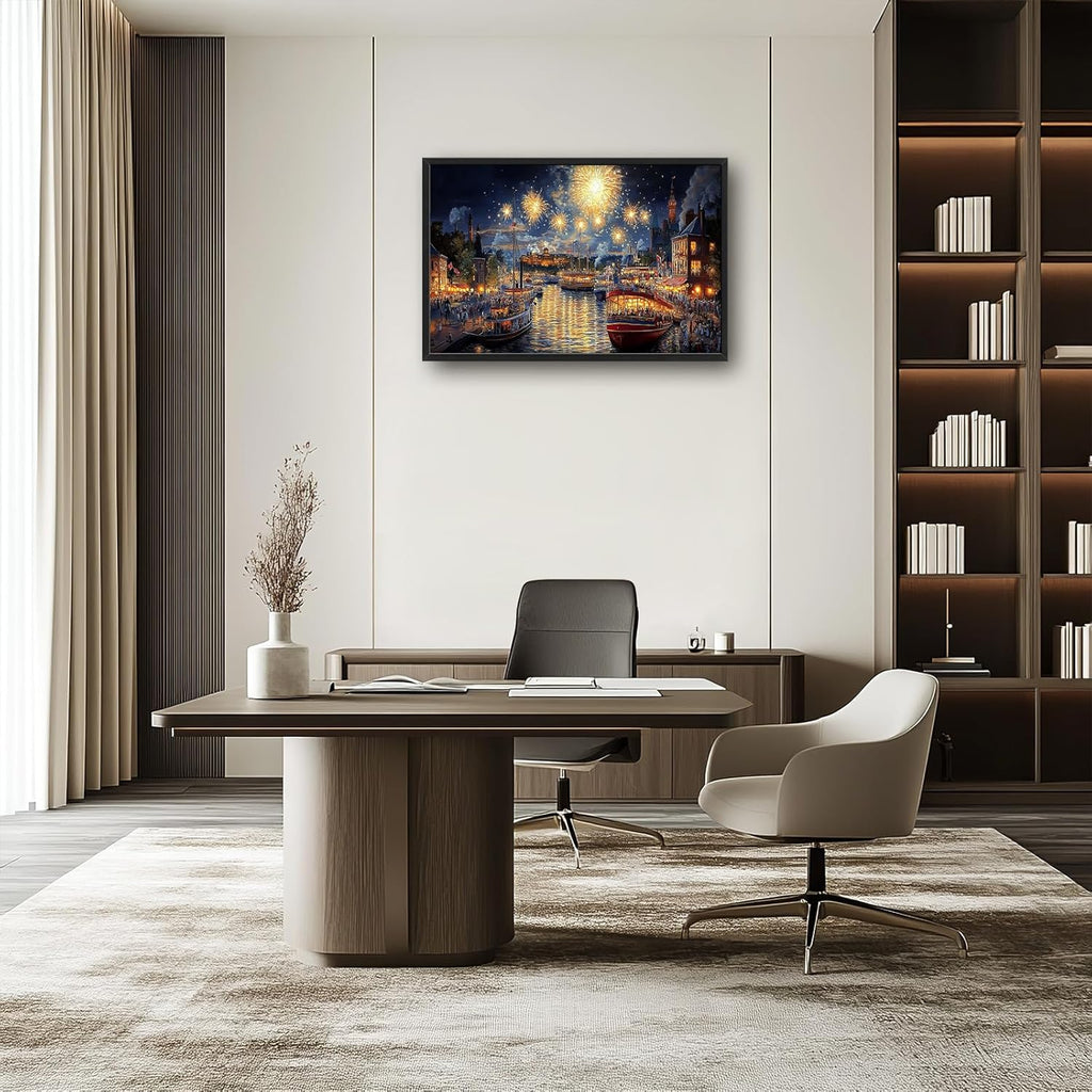 Framed Large Firework Night Sky Wall Art, Oversized European City Landscape Wall Decor for Living Room, River Boats Canvas Pictures Home Decoration for Living Room Bedroom Office 36"x24"