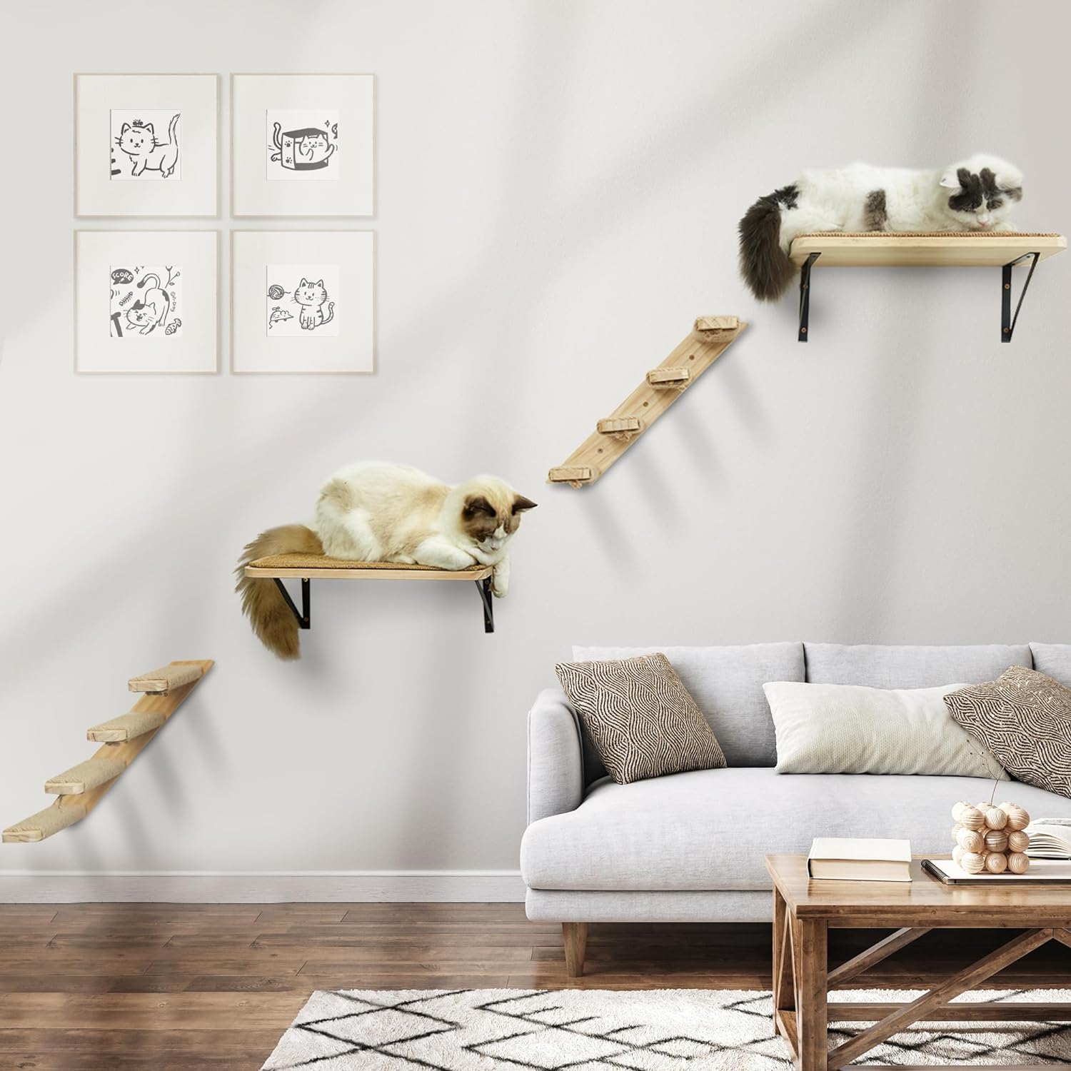 Cat Wall Furniture Set, 2PCS Cat Shelves & 2PCS 4 Steps Wall Shelves Stairs Tower Climbing Scratching Perches for Climbing Sleeping, Playing
