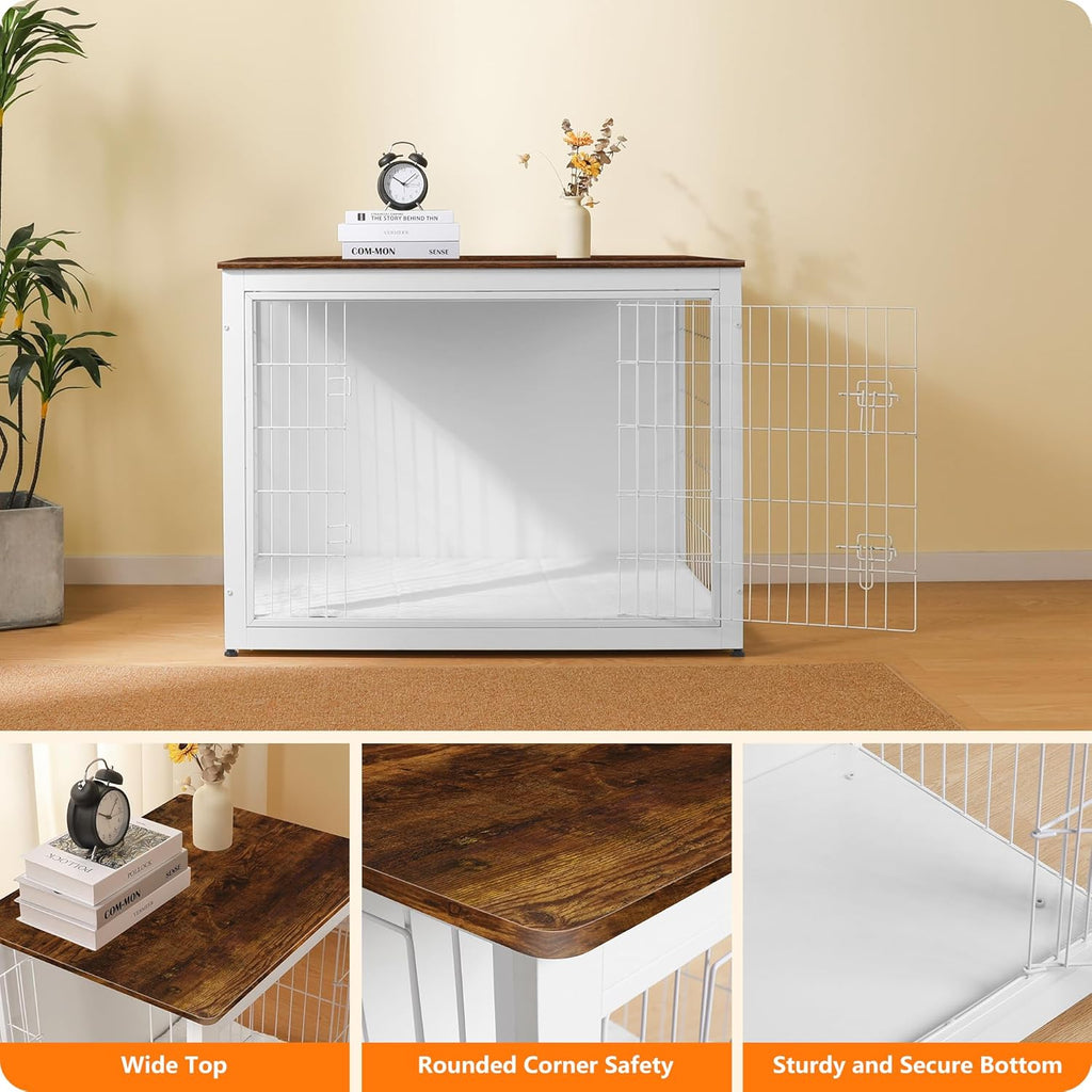 DWANTON Dog Crate Furniture with Cushion, Wooden Kennel Table with Double Doors, Indoor Dog House, Extra Large Size, 43.3" L, White+Rustic Brown