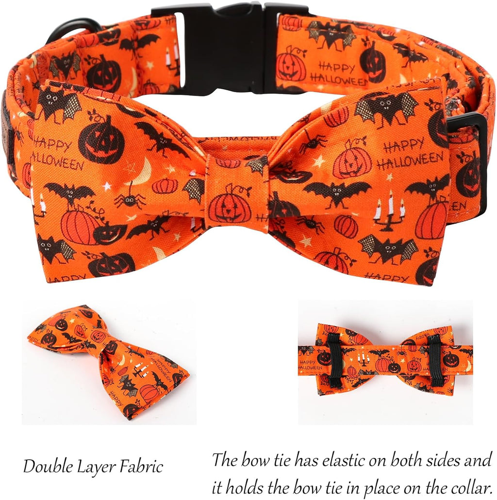 Lionet Paws Fall Halloween Dog Collar, Cute Bat Pumpkin Dog Collar for Large Dogs, Adjustable Cotton Orange Pet Collars for Medium Large Dogs