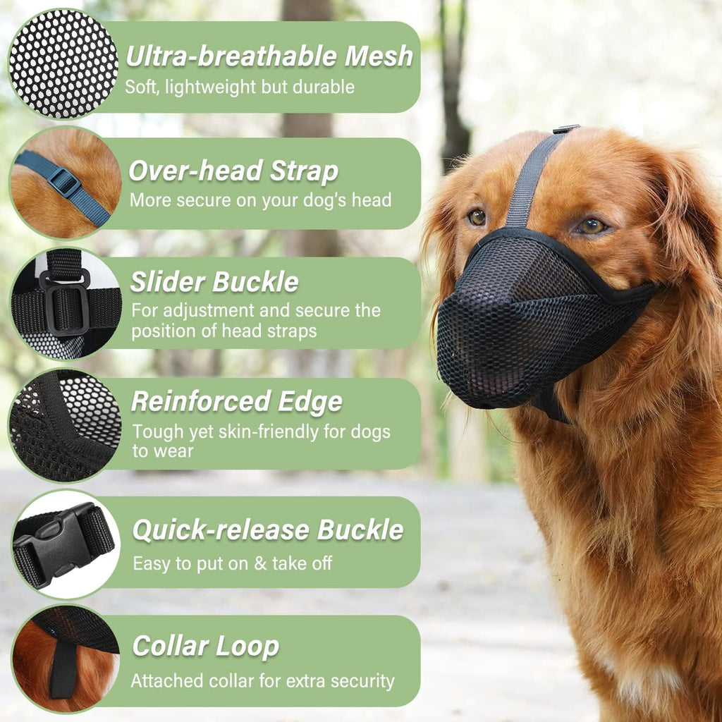 Mayerzon Dog Muzzle, Patented Soft Mesh Muzzle for Small Medium Large Dogs for Scavenging Biting Licking and Chewing, Allows to Pant and Drink (XXS, Black)