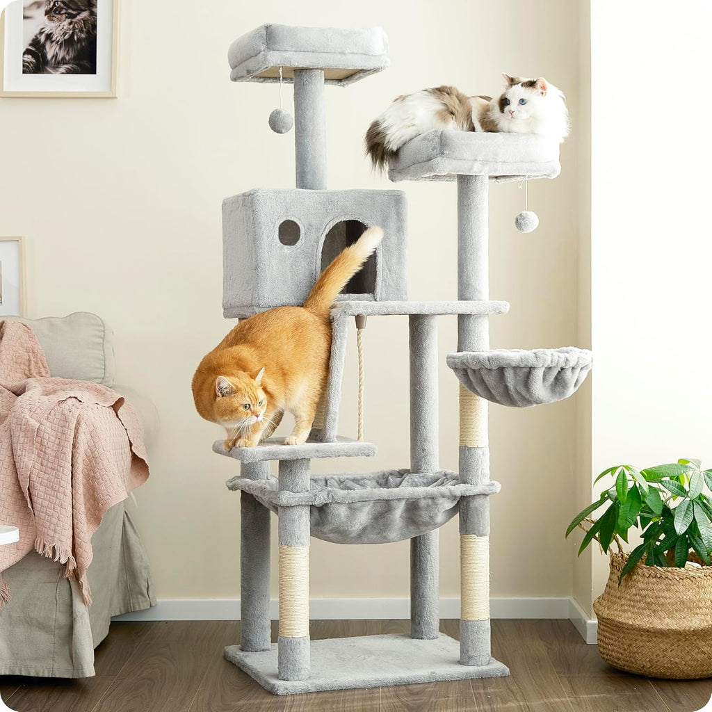 Ouritsu Cat Tree, 56 inch Tall Cat Tower for Large Cat Indoor, Large Condo, 2 Padded Perches, Steel-Framed Hammock, Scratching Post and ramp, Fluffy Basket, Light Gray, LF001GA