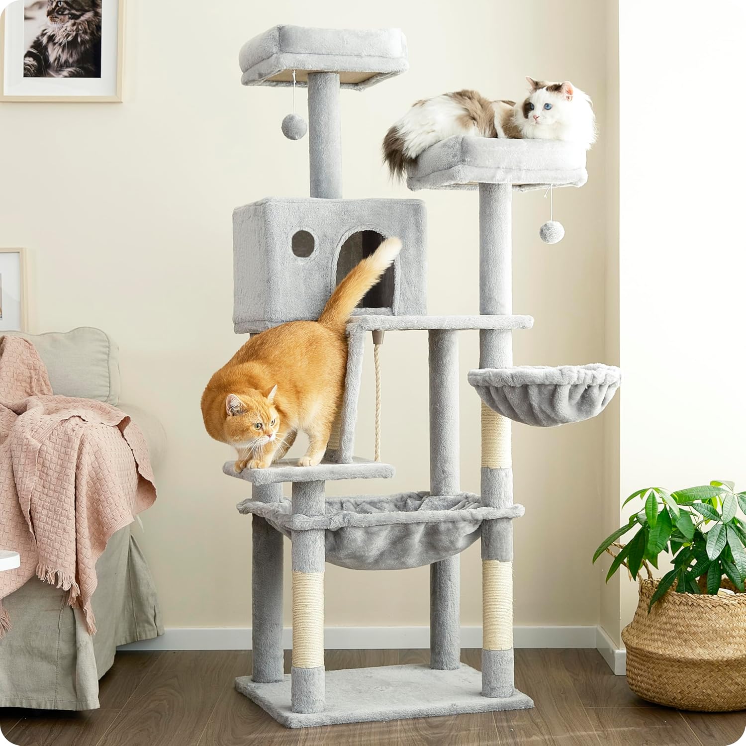 Ouritsu Cat Tree, 56 inch Tall Cat Tower for Large Cat Indoor, Large Condo, 2 Padded Perches, Steel-Framed Hammock, Scratching Post and ramp, Fluffy Basket, Light Gray, LF001GA