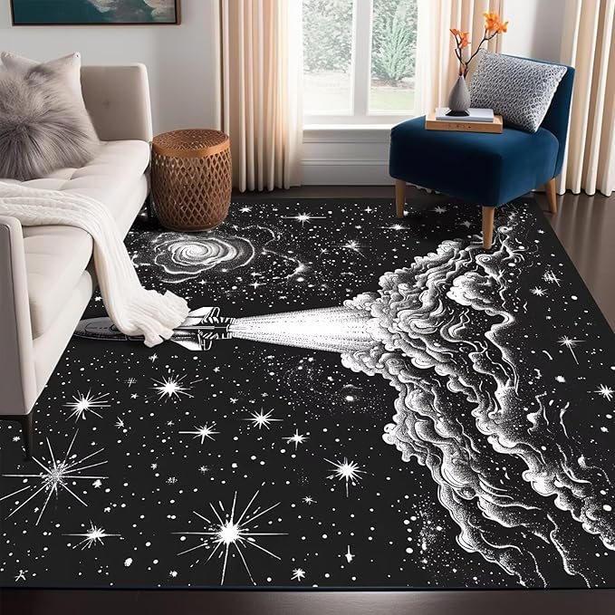 6' x 9' Space Rocket Rug for Kids Bedroom Black Stars Galaxy Rugs Carpet Planet Printed Throw Rugs for Boys Teens Living Room,180x275cm