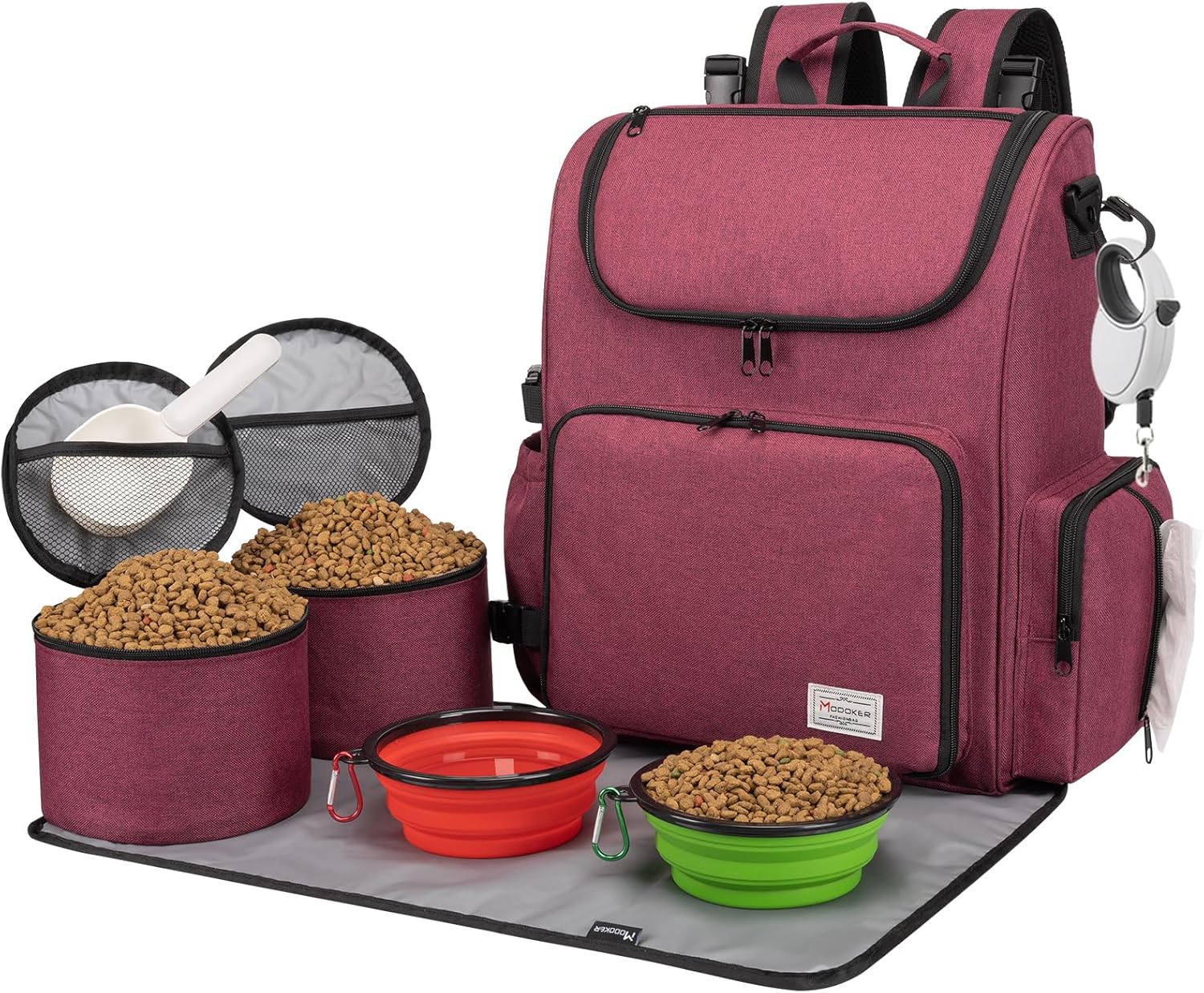 Modoker Dog Travel Bag Backpack, Airline Approved Pet Accessories Organizer for Dog and Cat with Shoulder Strap, 2 Dog Food Storage Containers, 2 Collapsible Dog Bowls,1 Pet Mat, Rose Red