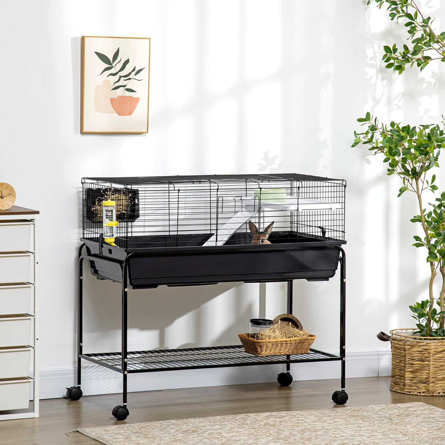 PawHut Two-Story Small Animal Cage Removable from Stand, Guinea Pig Cage with Shelf & Wheels, Pet Habitat for Hedgehog, Chinchilla, Ferret, 39" x 20.5" x 36.5", Black