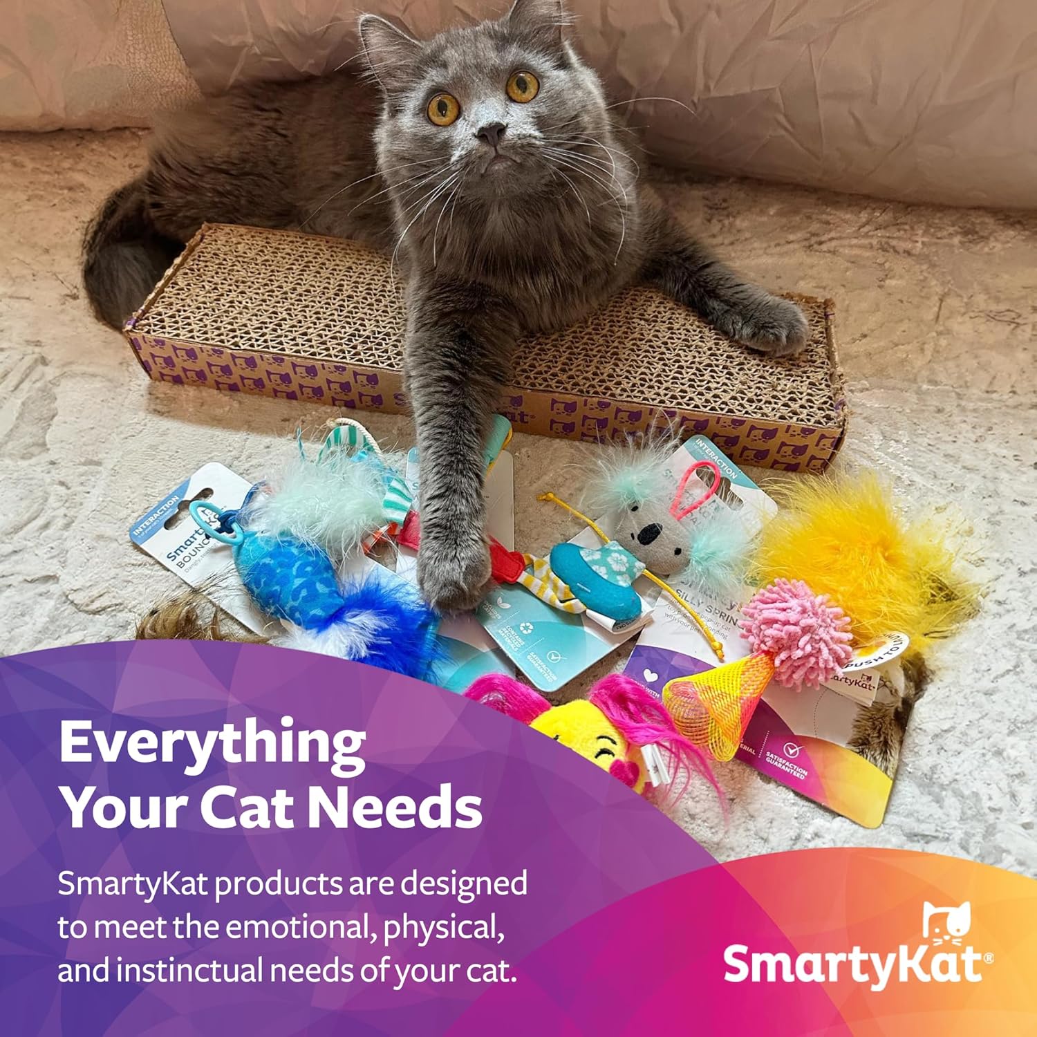 SmartyKat Scratch 'N Spin Carpet Cat Scratching Post with 2 Spinning Wand Toys, Plus 2 Replacement Wands - Gray & Blue