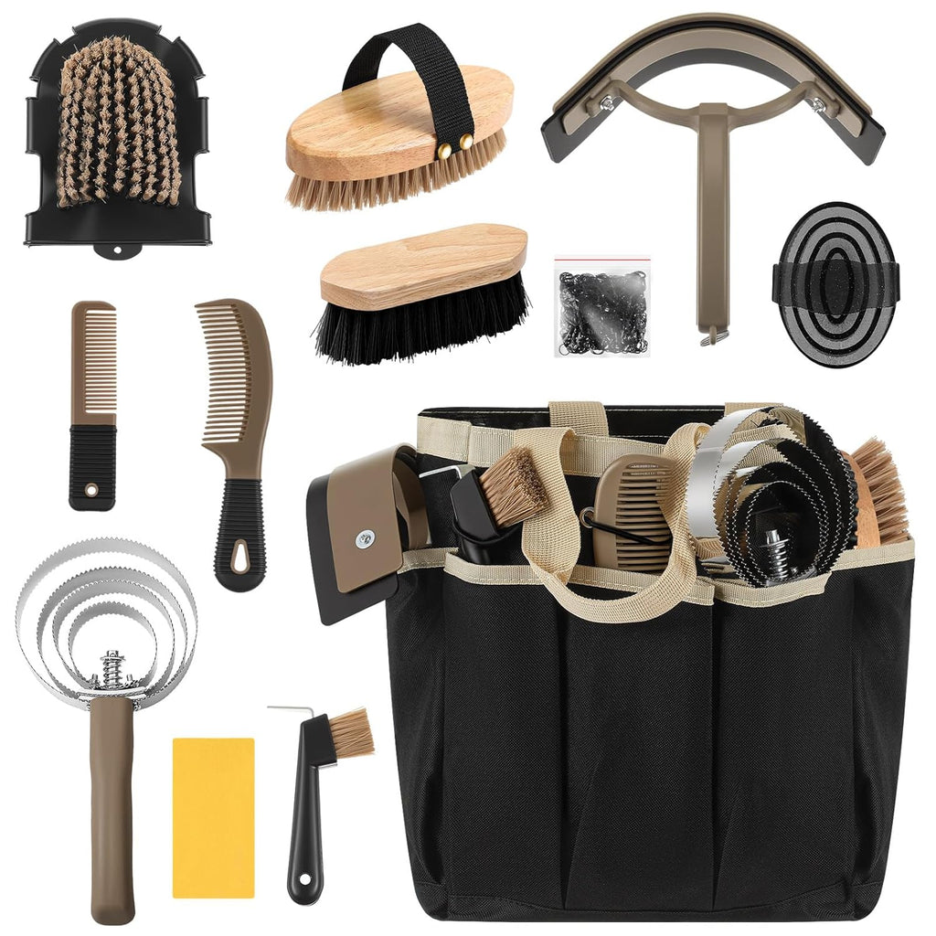 Abbylike 12 Pieces Horse Grooming Kit with Organizer Tote Bag Tack Room Supplies Horse Brush Sets Equine Care Cleaning Kit Shedding Grooming Massaging Tools(Khaki)