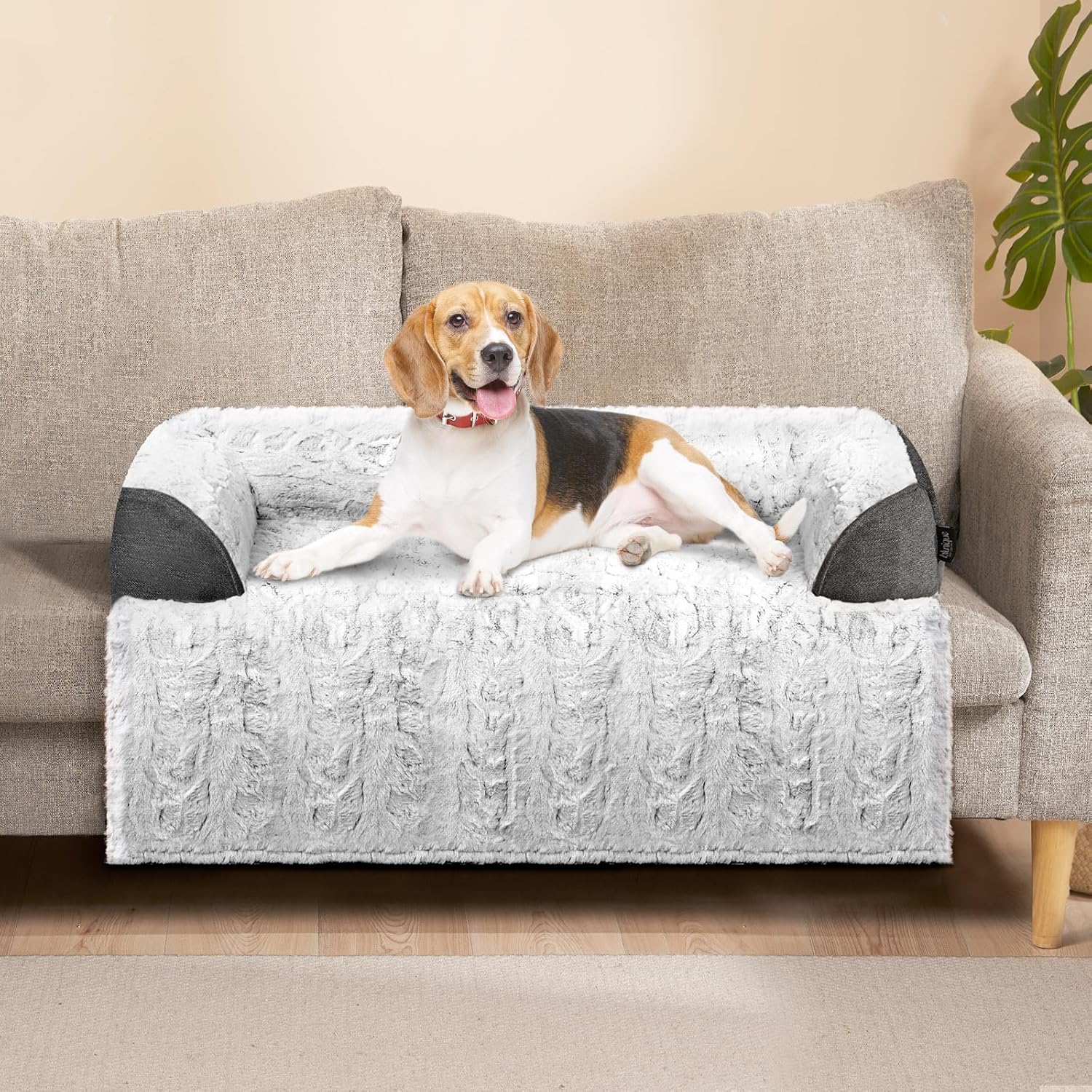 Calming Dog Bed for Couch, 35 x 31 inch Removable Couch Cover for Dogs/Cats Washable, Non-Slip Fluffy Plush Dog Sofa Mat for Furniture Protector - Grey