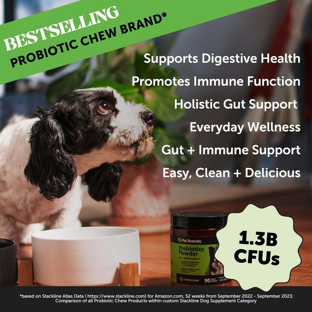 All-Natural Probiotic & Pumpkin Powder Dog Supplement - Prebiotics, Probiotics, Enzymes & Antioxidants for Healthy Gut Flora, Digestion & Immunity (90 Scoops)
