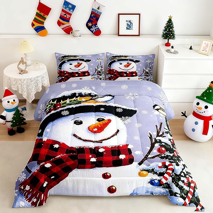 Feelyou Kids Christmas Theme Decorations Bedding Set Xmas Snowman Comforter Set for Boys Girls Merry Christmas Funny Cute Decor Bedroom Collection 2Pcs Toddler Size