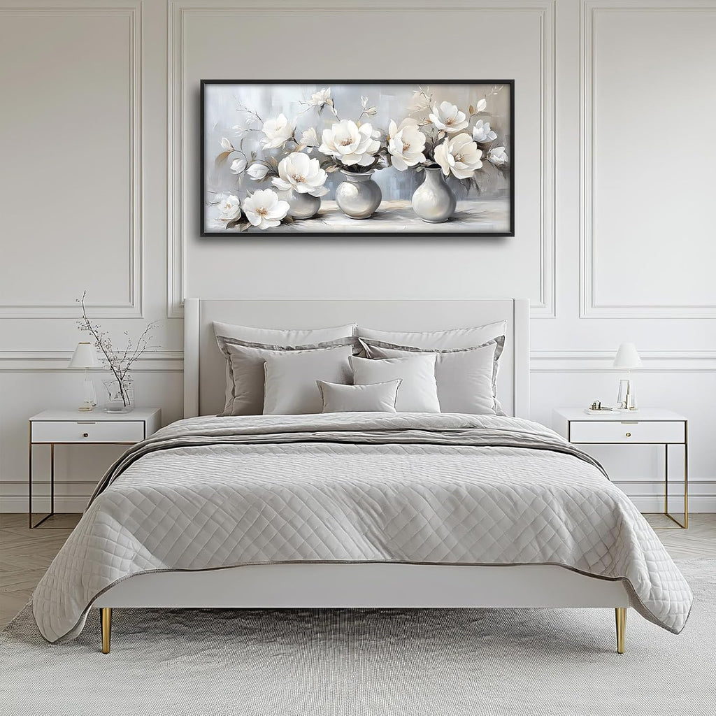 Large Farmhouse Floral Wall Art for Living Room, Framed Oversized White Flower Vase Wall Decor Grey Floral Canvas Painting Pictures Modern Artwork for Bathroom Bedroom Office Dining Room 60"x30"