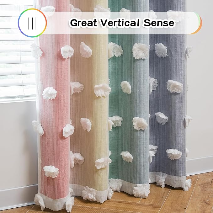 MYSKY HOME Nursery Curtains for Girl Bedroom Rainbow Curtains 72 Inches Long Pom Pom White Sheer Curtains for Kids Room Double Layer Toddler Bedroom Grommet Room Darkening Window Panels 52 x 72 in
