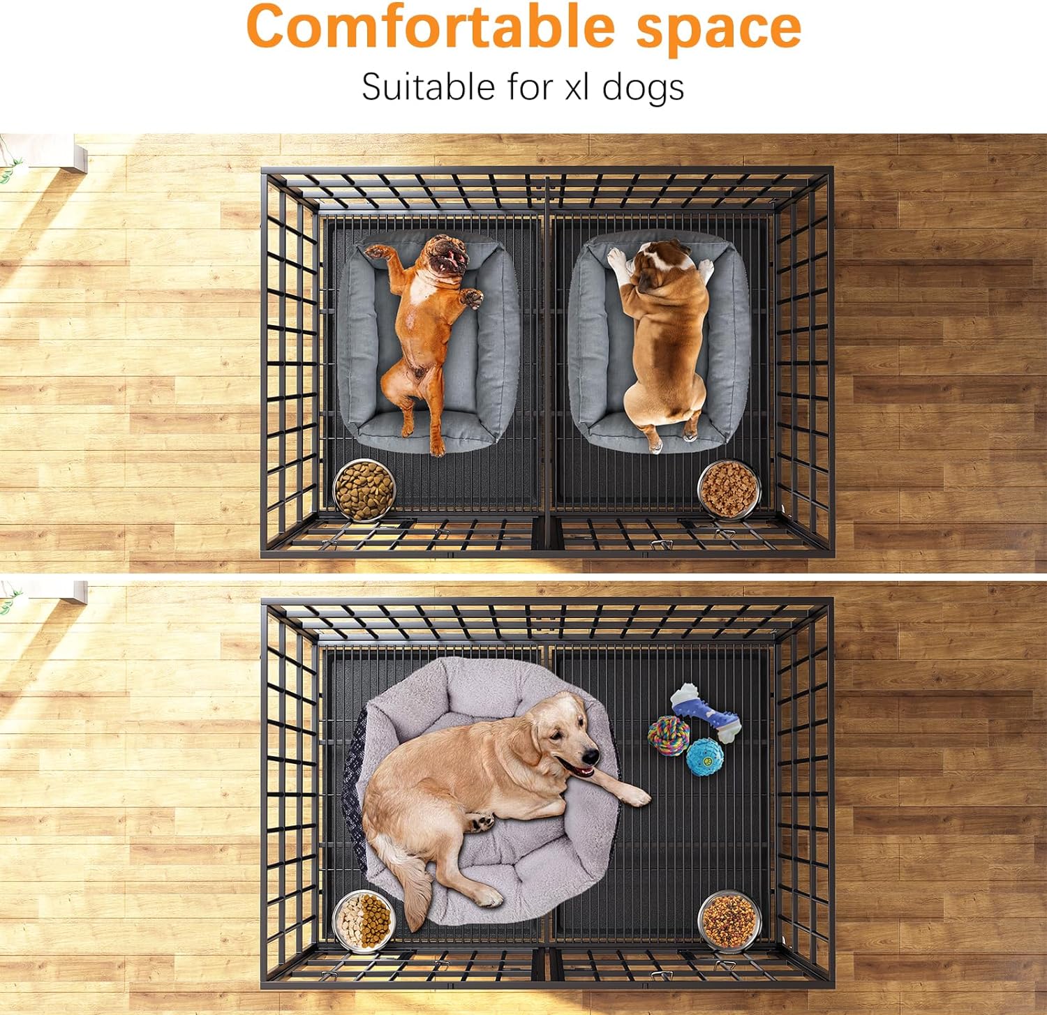 54 inch XL Dog Crate for Large Dog/Double Medium Dogs,Heavy Duty Metal Dog Cages,All Metal Open Top,Dog Kennel Indoor with Wheels,Floor Grid, Tray, Divider and Feeding Bowl