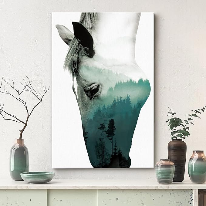 SIGNWIN Canvas Wall Art A Wild Horse and Foggy Mountain Double Exposure Photography Animals Wildlife Digital Art Modern Art Rustic Portrait Edgy for Living Room, Bedroom, Office - 24x36 inches