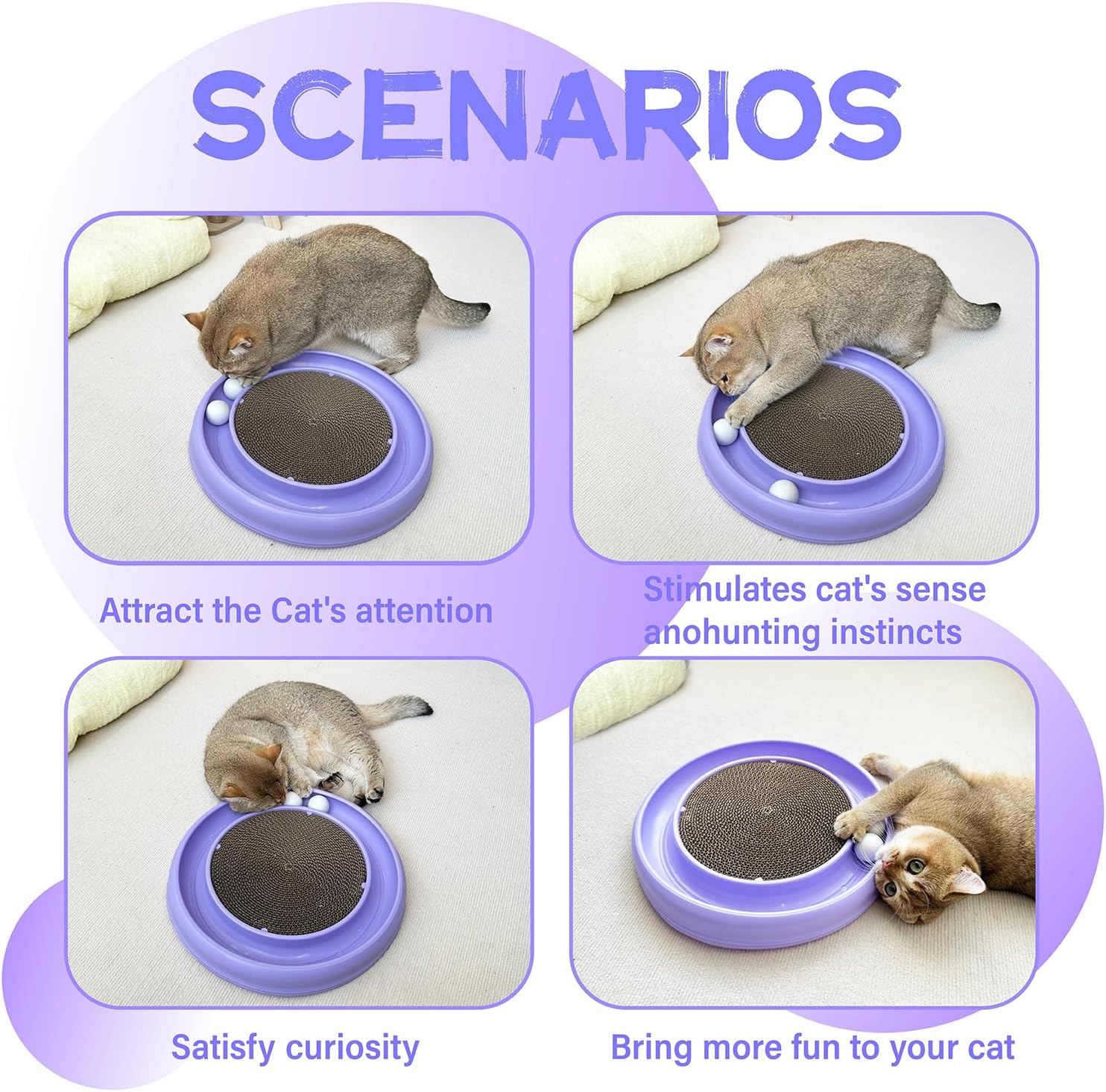 Interactive Cat Ball Track Toy for Indoor Cats, Cat Scratching Board & Exercise Set for Bored Indoor Adult and Kitten Mental & Physical Stimulation, with Spare Ball to Prevent Loss (Purple)