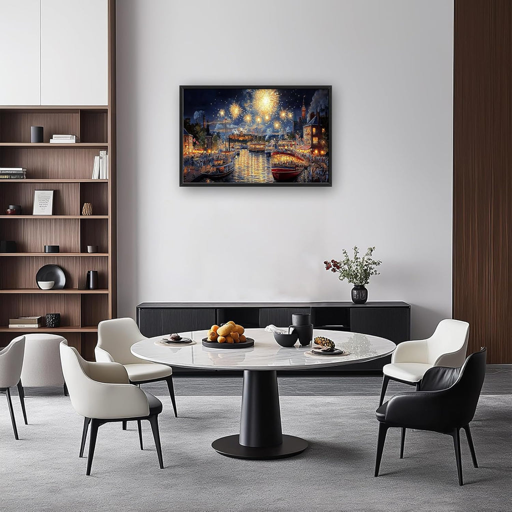Framed Large Firework Night Sky Wall Art, Oversized European City Landscape Wall Decor for Living Room, River Boats Canvas Pictures Home Decoration for Living Room Bedroom Office 36"x24"