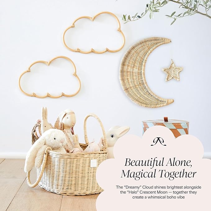 BEBE BASK Handmade Wicker Cloud Décor Set of 2 - Rattan Cloud Decorations - Décor for Bedroom and Baby Nursery Wall - for Girls Room