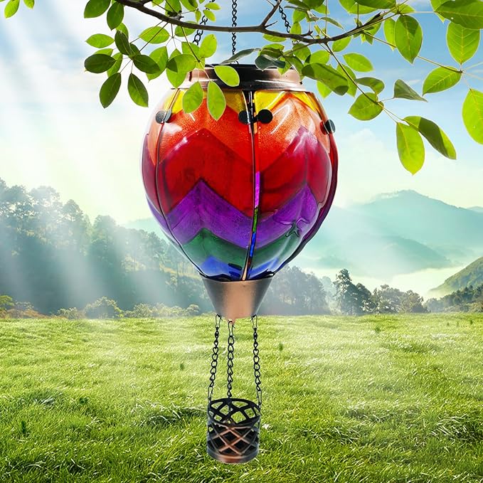 Glass Solar Hot Air Balloon Lantern with Flame Hanging Garden Flickering Light Outdoor Waterproof for Yard Patio Tree Mother's Day Gift, Wavy-Colorful