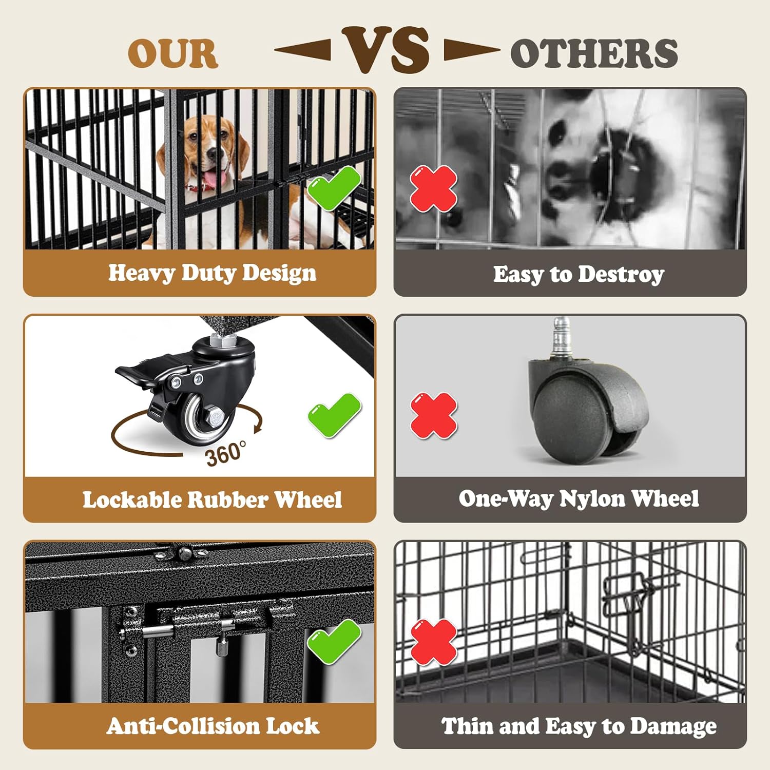 Dog Crate with Removable Tray, 37/42/46 Inch Indestructible and Escape Proof Steel Dog Cage Kennel for High Anxiety Dogs, Heavy Duty Dog Crate with Wheels, Double Door, Extra Large XL XXL