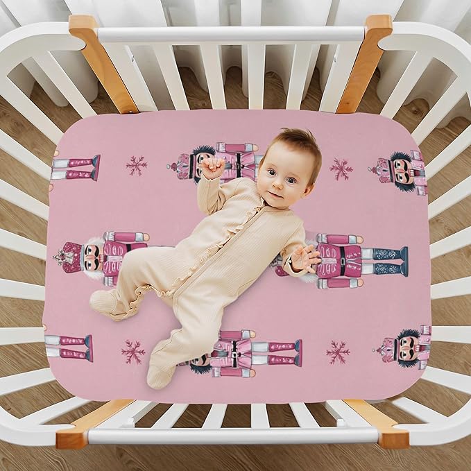 Christmas Nutcrackers Pinks Crib Sheets Soft Breathable Fitted Baby Crib Sheets Mattress Cover for Girls Boys, 52" x 28" x 9"
