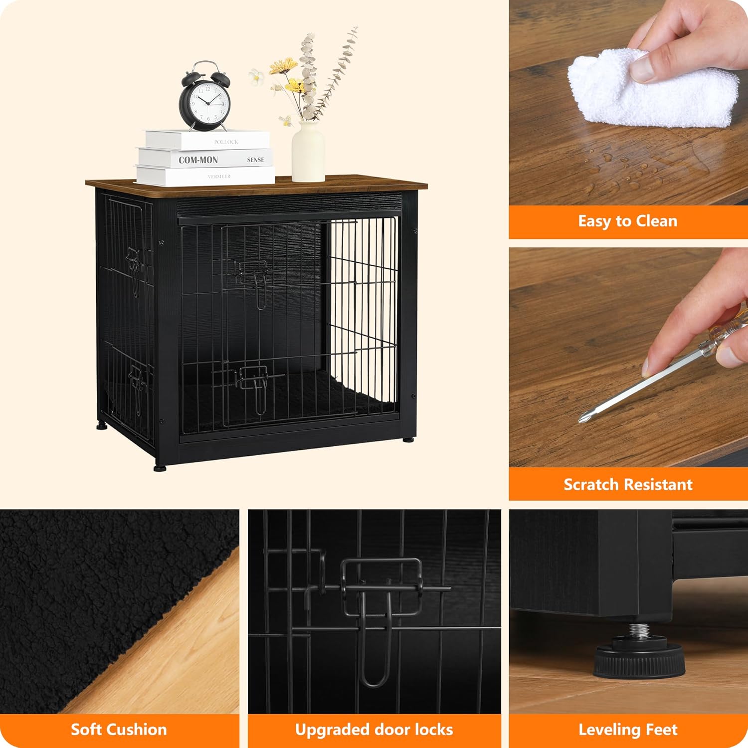 DWANTON Dog Crate Furniture with Cushion, Wooden Kennel Table with Double Doors, Indoor Dog House, Small/Medium/Large Size, 27.2" L, Black+Warm Brown