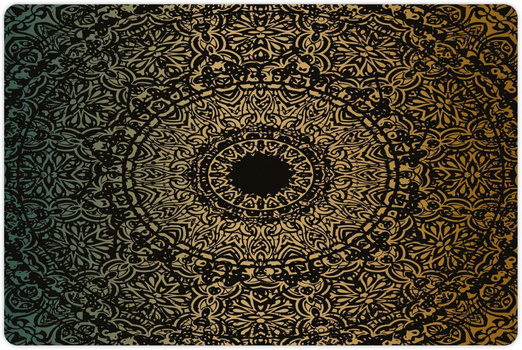 Lunarable Mandala Pet Mat for Food and Water, Round Design Detailed Floral Pattern in Earthy Tones, Non-Slip Rubber Mat for Dogs and Cats, 18" X 12", Fern Green